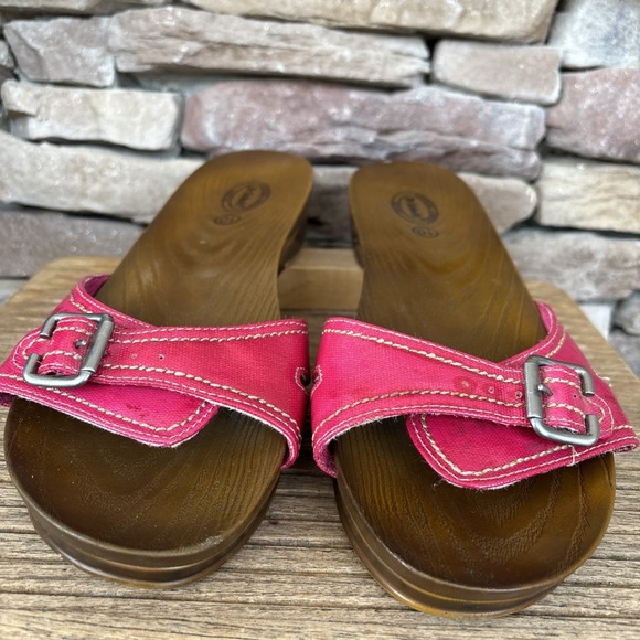 Dr Scholls Advanced Comfort Slide Buckle Sandals Red Soft Faux Wood Shoe Mule 10 - Picture 3 of 12